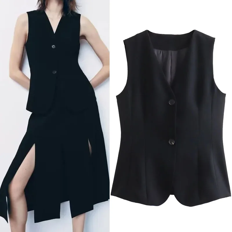TRAF 2023 Black Fitted ButtonVest For Women Chic V-Neck Sleeveless Tops Sets Commuter Back Strap Coats Asymmetric Hem Slit Vests
TRAF 2023 Black Fitted ButtonVest For Women Chic V-Neck Sleeveless Tops Sets Commuter Back Strap Coats Asymmetric Hem Slit Vests
