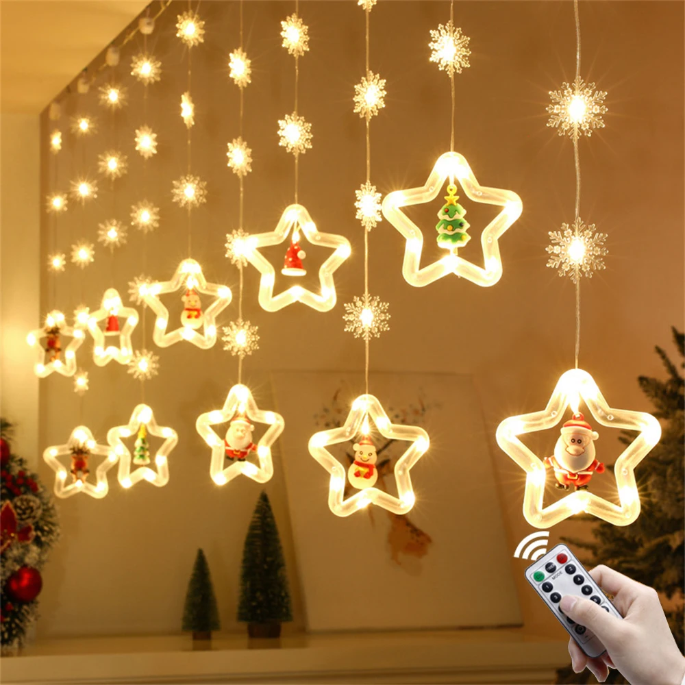 120leds Christmas Star Curtain Lights Fairy Santa Claus Snowman Snowflake Icicle String Lights for Holiday Home Party DIY Decor
120leds Christmas Star Curtain Lights Fairy Santa Claus Snowman Snowflake Icicle String Lights for Holiday Home Party DIY Decor