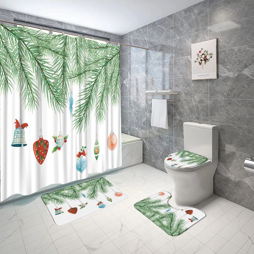 

Christmas Shower Curtain Set Green Pine Bells Xmas Bath Decor Non Slip Toilet Cover Rugs Carpet Bath Mat Bathroom Curtain Fabric