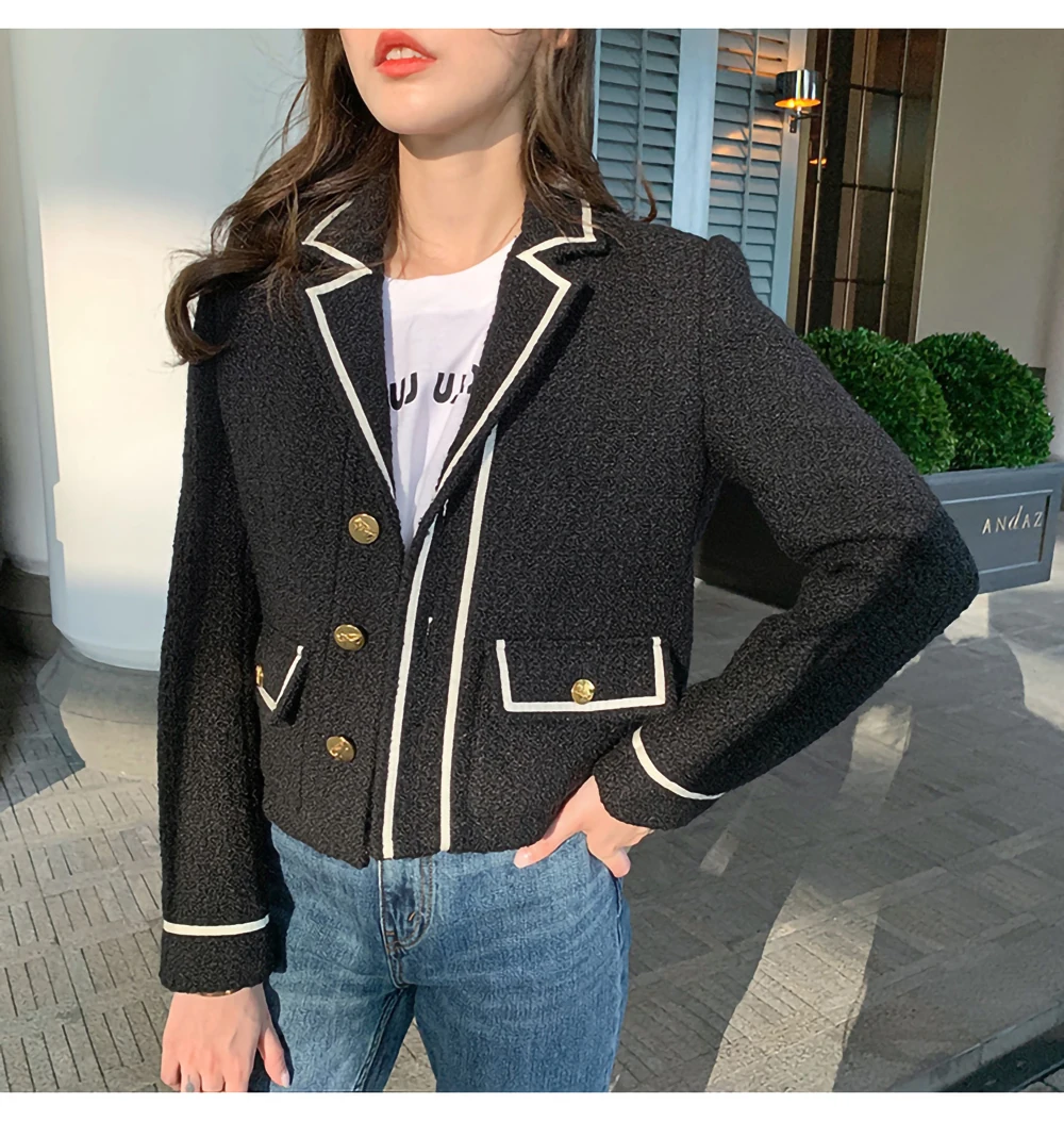 

Tailor Store customize Short jacket French temperament small fragrance pink coat girl's tweed braided edge jacket black crop top