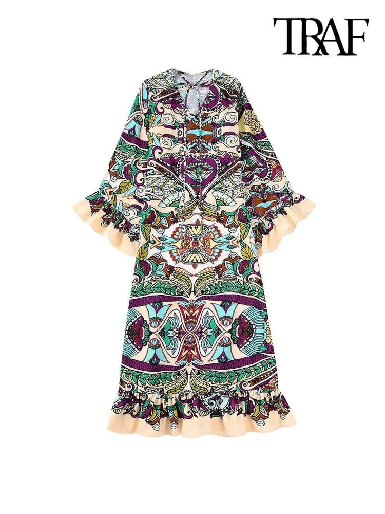 TRAF Women Fashion With Tied Printed Ruffled Midi Dress Vintage V Neck Three Quarter Sleeve Female Dresses Vestidos Mujer
TRAF Women Fashion With Tied Printed Ruffled Midi Dress Vintage V Neck Three Quarter Sleeve Female Dresses Vestidos Mujer