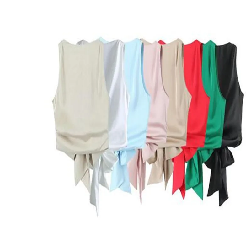 

Женские модные однотонные плиссированные укороченные майки с бантом и открытой спиной винтажные женские шикарные топы без рукавов с круглым вырезом