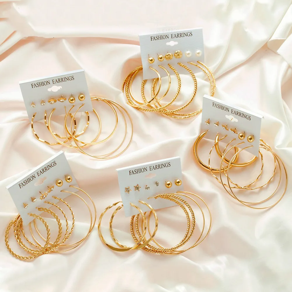 

6-pairs Earrings Set Personality Big Circle Earrings For Women Crystal Earing Jewelry Exaggerated Earring Gold Color Earings