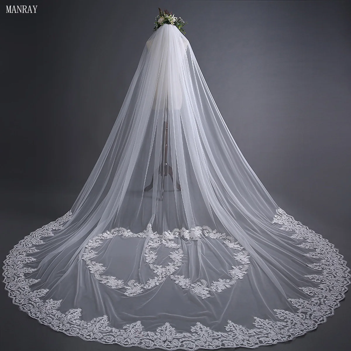 

MANRAY 3 Meters 1 Tier Veil Long Cathedral With Comb Lace Floral Applique Edge Fashion Wedding Veils Luxury Bridal Accessories