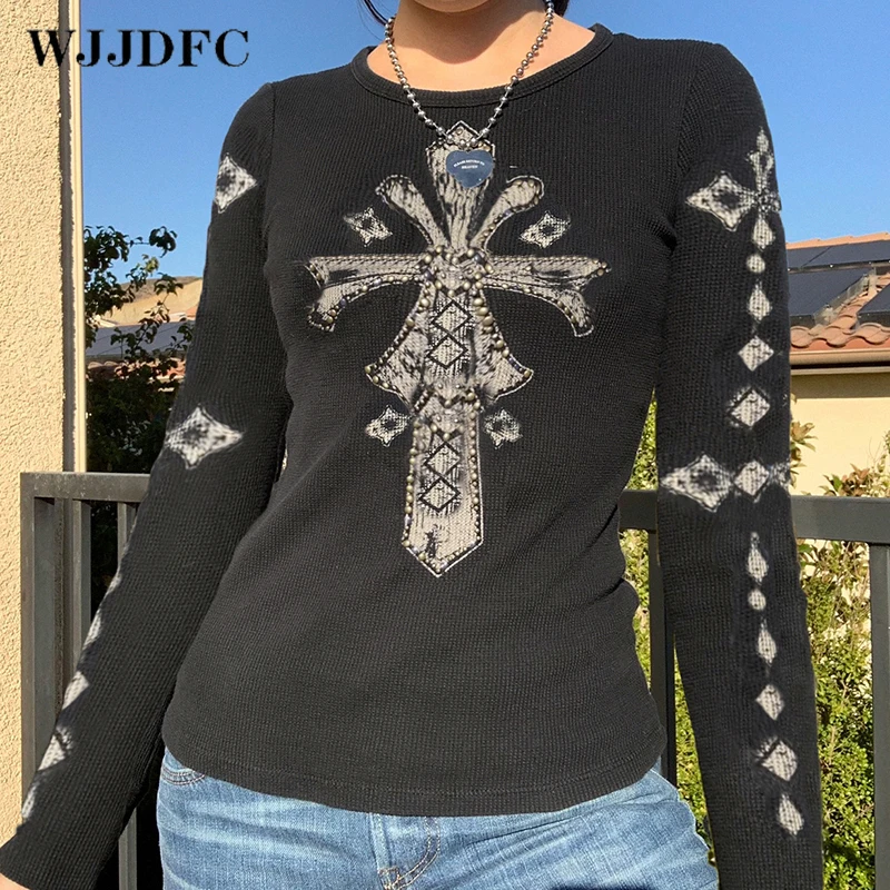 WJJDFC Grunge Goth Printed Rhinestone Autumn T shirt Women Long Sleeve Retro Dark Academia Tops Techwear Pullover Slim Shirt
WJJDFC Grunge Goth Printed Rhinestone Autumn T shirt Women Long Sleeve Retro Dark Academia Tops Techwear Pullover Slim Shirt