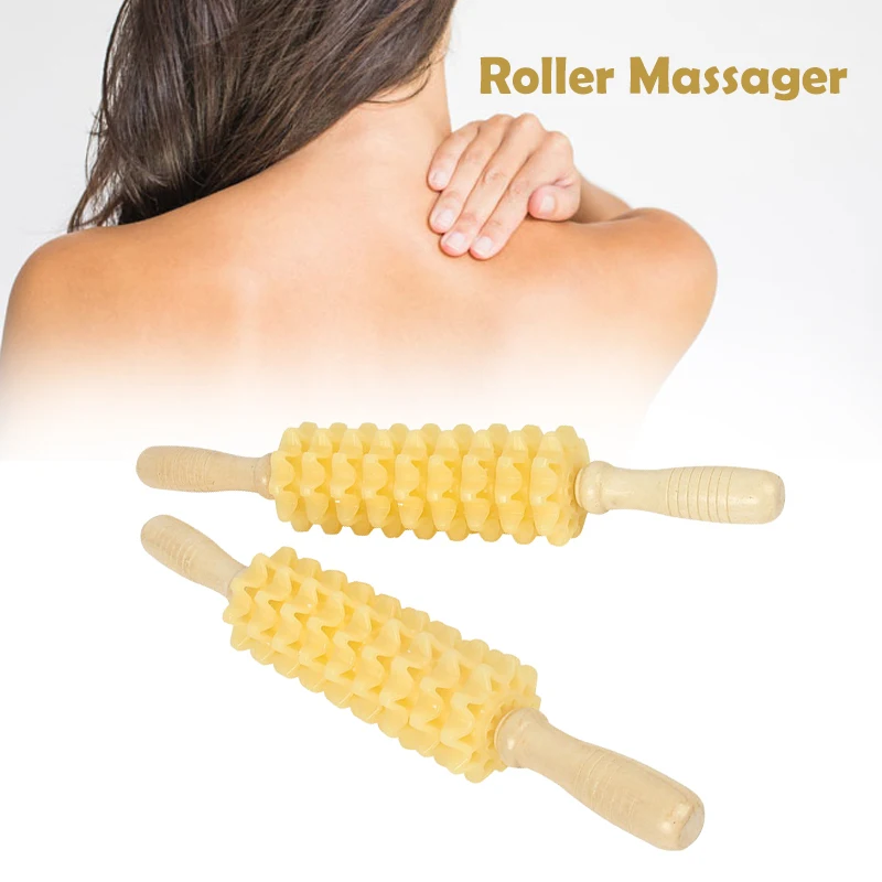 

Plastic 9 Wheel Roller Massager Tool Wooden Handle Massager Lymphatic Drainage Trigger Point Manual Muscle Release