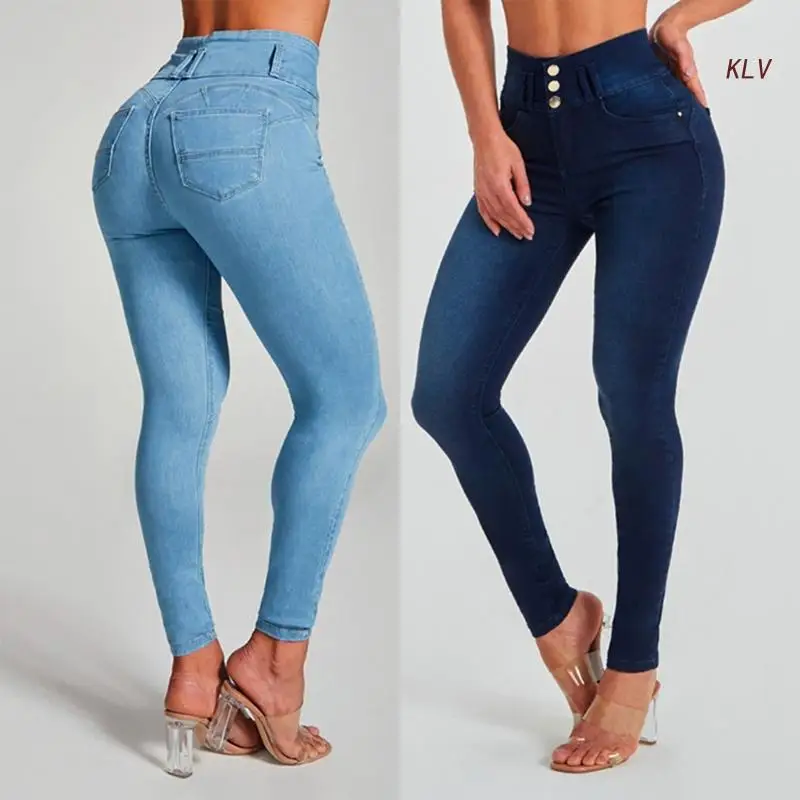 

Женские винтажные джинсы скинни с завышенной талией, однотонные джинсовые брюки на пуговицах, эластичные брюки-карандаш, уличная одежда с карманами
