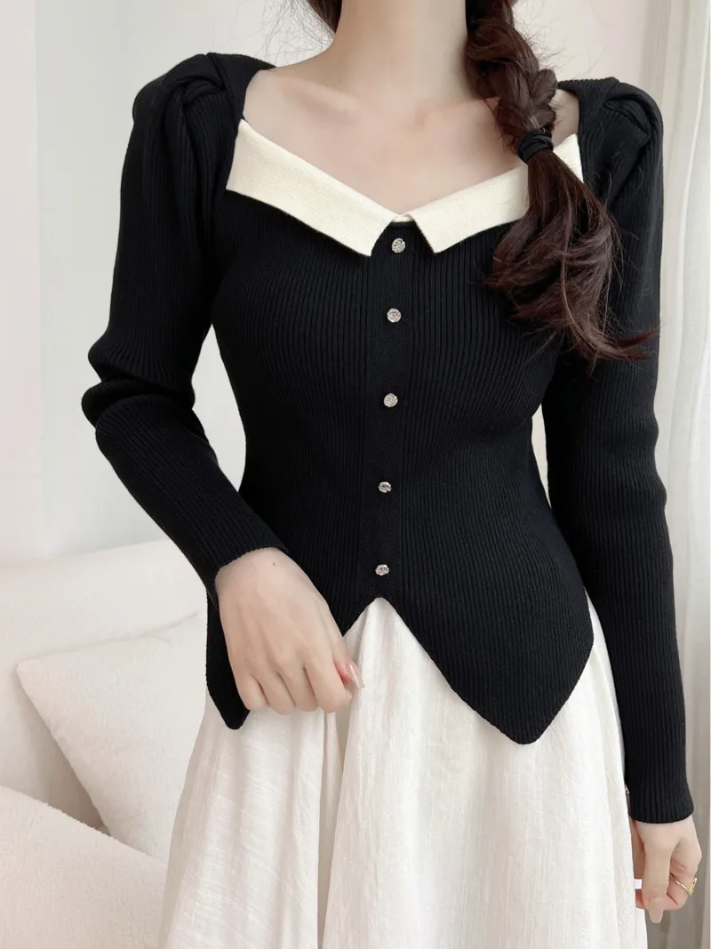 Женский трикотажный свитер, черный топ в французском стиле с квадратным вырезом, Осень-зима 2023
Женский трикотажный свитер, черный топ в французском стиле с квадратным вырезом, Осень-зима 2023