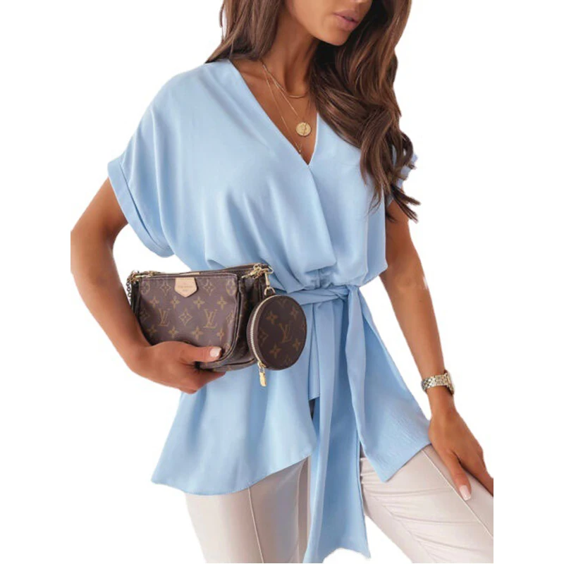 Clothing Women Loose Top Short Sleeve Bandage V-neck Soild Tshirts Casual Fashion Elegant Ladies High Waist Vintage Outfits
Clothing Women Loose Top Short Sleeve Bandage V-neck Soild Tshirts Casual Fashion Elegant Ladies High Waist Vintage Outfits