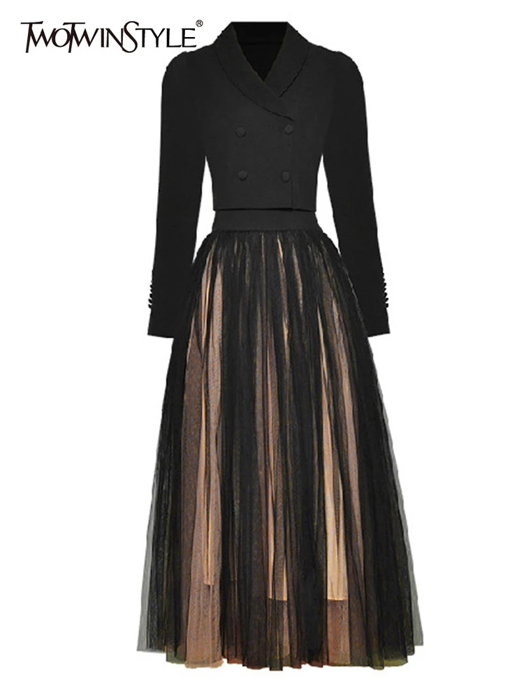TWOTWINSTYLE High Street Two Piece Set For Women Notched Long Sleeve Tops Midi Mesh Skirts Sets Female Korean Fashion Clothing
TWOTWINSTYLE High Street Two Piece Set For Women Notched Long Sleeve Tops Midi Mesh Skirts Sets Female Korean Fashion Clothing