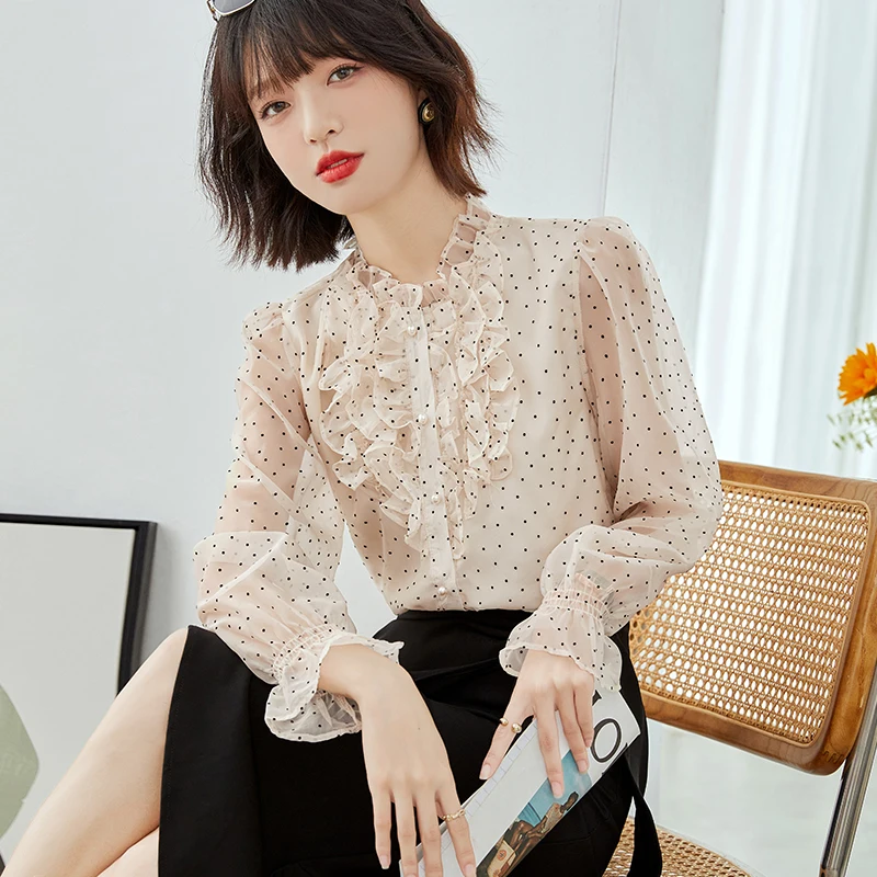 French Style Apricot Dot Blouse Women Tops 2022 Autumn Elegant Fashion Spliced Ruffles Slim Casual Office Lady Dress Shirt A1972 
French Style Apricot Dot Blouse Women Tops 2022 Autumn Elegant Fashion Spliced Ruffles Slim Casual Office Lady Dress Shirt A1972