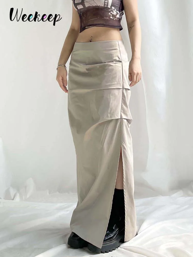 Светильник Weekeep, серая длинная юбка, с разрезом, со складками, с низкой посадкой, длиной до щиколотки, прямые макси юбки, женские модные наряды, y2k, элегантная уличная одежда 
Светильник Weekeep, серая длинная юбка, с разрезом, со складками, с низкой посадкой, длиной до щиколотки, прямые макси юбки, женские модные наряды, y2k, элегантная уличная одежда