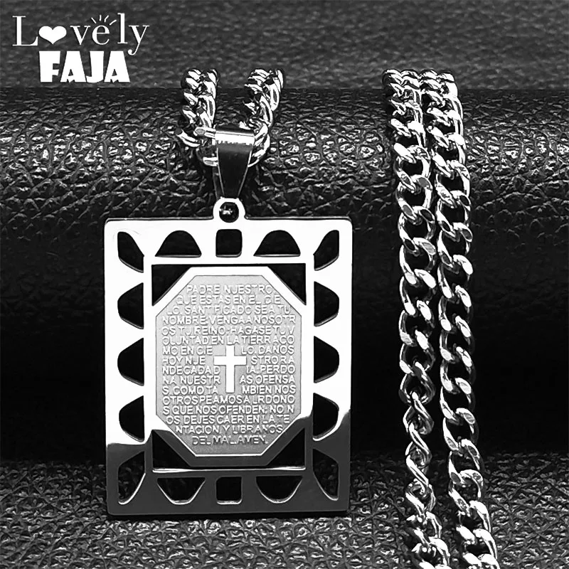 Punk Spanish Bible Cross Church Prayer Necklace for Women Hollow Stainless Steel Amulet Pendant Necklaces Hip Hop Jewelry Gifts
Punk Spanish Bible Cross Church Prayer Necklace for Women Hollow Stainless Steel Amulet Pendant Necklaces Hip Hop Jewelry Gifts