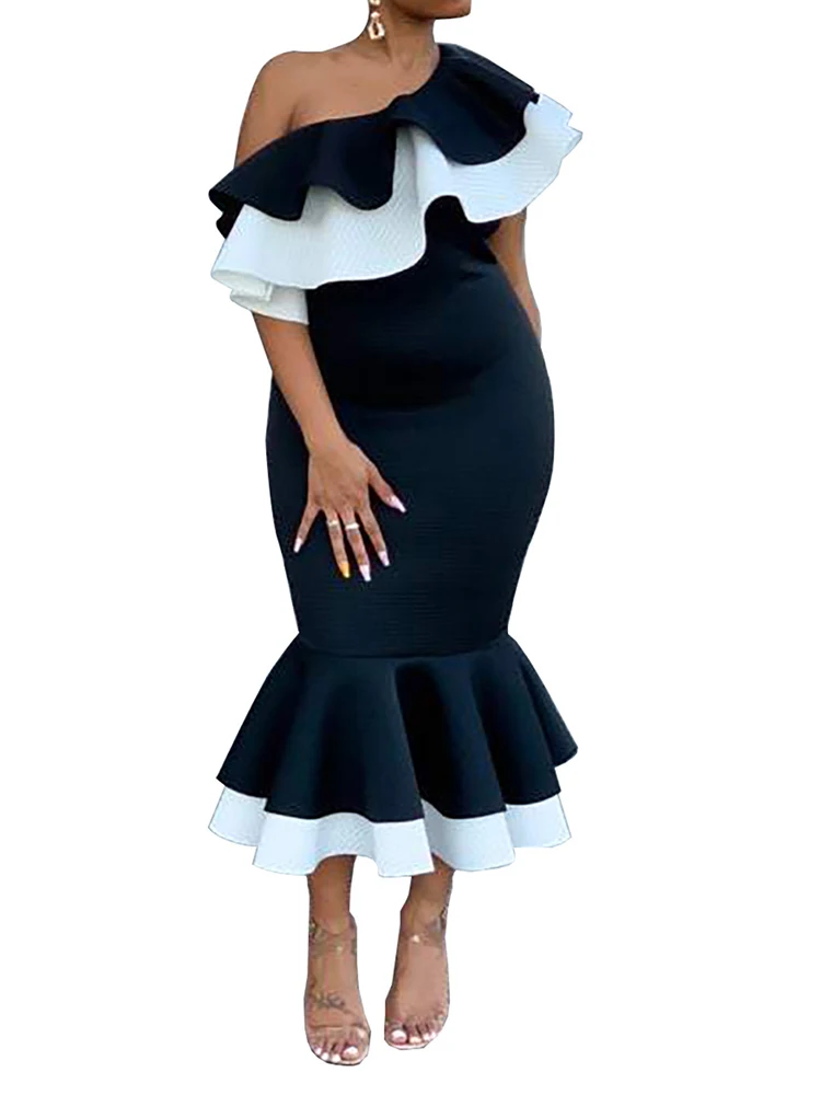 Sexy One Shoulder Bodycon Long Dress Elegant Butterfly Sleeve Party Vestidos Ruffles Patchwork Diagonal Collar Women's Outfits
Sexy One Shoulder Bodycon Long Dress Elegant Butterfly Sleeve Party Vestidos Ruffles Patchwork Diagonal Collar Women's Outfits