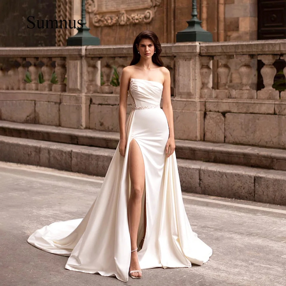 Sumnus Ivory Mermaid Wedding Dresses Beads Satin Detachable Train Leg Split Sexy Bridal Gowns Pleats Strapless Bride Dress 2023
Sumnus Ivory Mermaid Wedding Dresses Beads Satin Detachable Train Leg Split Sexy Bridal Gowns Pleats Strapless Bride Dress 2023