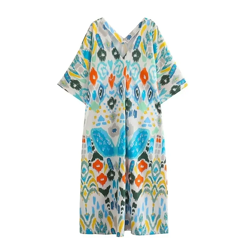 Платье-туника женское разноцветное с V-образным вырезом и короткими рукавами
Платье-туника женское разноцветное с V-образным вырезом и короткими рукавами