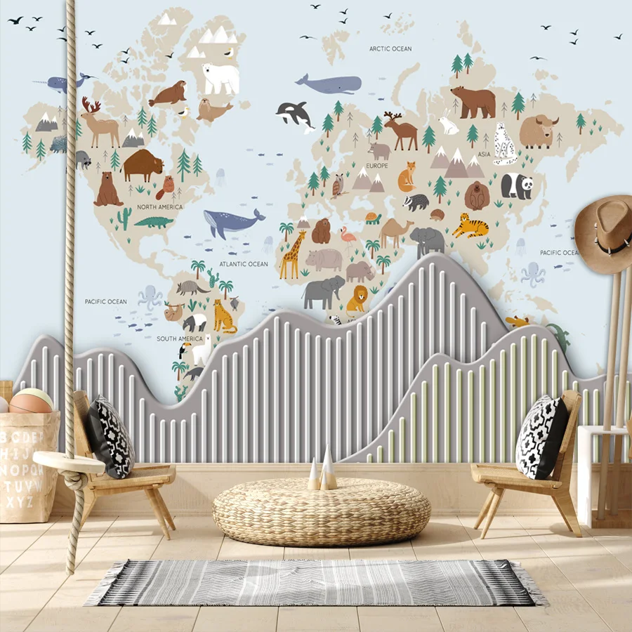 

Custom Removable Optional Cartoon Mural World Map Wallpapers for Living Room Kids Nursery Peel and Stick Wall Papers Home Decor