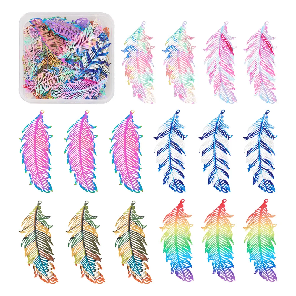 

48Pcs Colorful Filigree Feather Charms Hollow Stainless Steel Pendants Metal Embellishments Jewelry Making Accessories