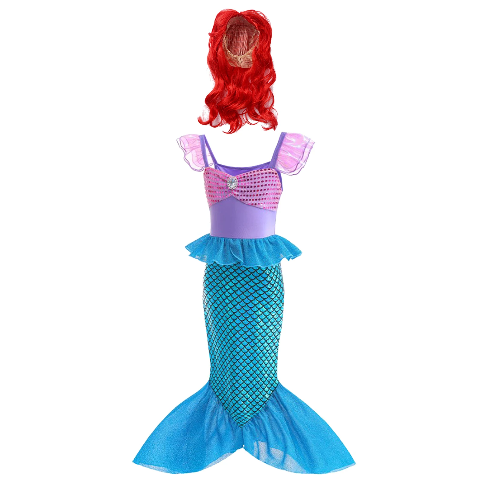 

Kids Girls Mermaid Cosplay Costume Set Flutter Sleeve Sequin Fish Scales Printed Fishtail Dress with Starfish Wig for Halloween