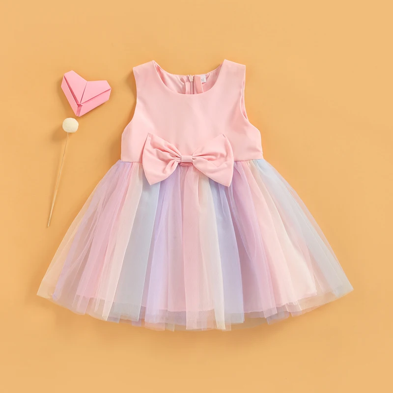 

Милое детское платье принцессы для маленьких девочек, платье без рукавов с бантом радужного цвета, Тюлевое платье-пачка, летние вечерние пл...