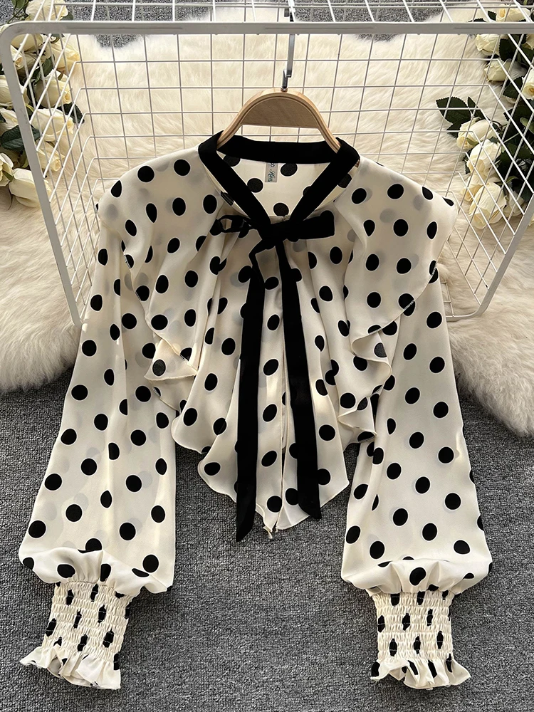 Spring French Polka Dot Blouse Design Sense Ruffled Slim Sweet Streamer Age-reducing All-match Chiffon Shirt Tops Female D0352
Spring French Polka Dot Blouse Design Sense Ruffled Slim Sweet Streamer Age-reducing All-match Chiffon Shirt Tops Female D0352