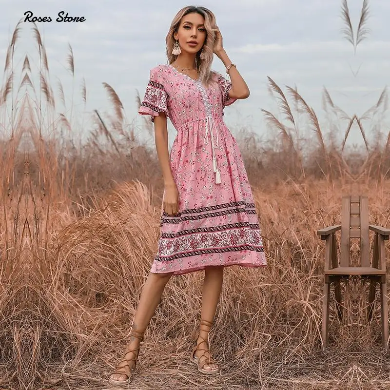 Women Summer Short Flare Sleeve Floral Midi Dress Elastic Waist Elegant Pink Dresse for Ladies Boho Beach Vacation Clothing 2022 
Women Summer Short Flare Sleeve Floral Midi Dress Elastic Waist Elegant Pink Dresse for Ladies Boho Beach Vacation Clothing 2022