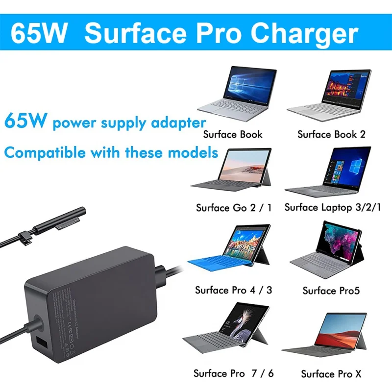 Surface Pro Surface Laptop Charger 65W Adapter for Microsoft Surface Pro 9/8/X/7/6/5/4/3 Laptop 5/Studio/4/Go/3/2 Go 3/2/1 Book
Surface Pro Surface Laptop Charger 65W Adapter for Microsoft Surface Pro 9/8/X/7/6/5/4/3 Laptop 5/Studio/4/Go/3/2 Go 3/2/1 Book