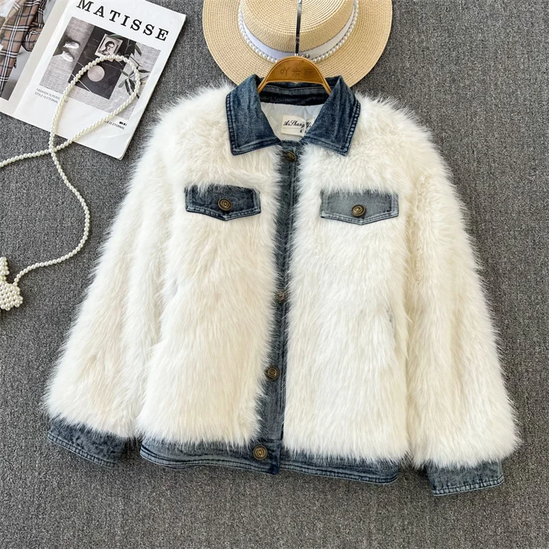 Korean Denim Spliced White Faux Fox Fur Jacket Women Autumn Winter Short Coat Single Breasted Lapel Long Sleeve Female Outerwear
Korean Denim Spliced White Faux Fox Fur Jacket Women Autumn Winter Short Coat Single Breasted Lapel Long Sleeve Female Outerwear