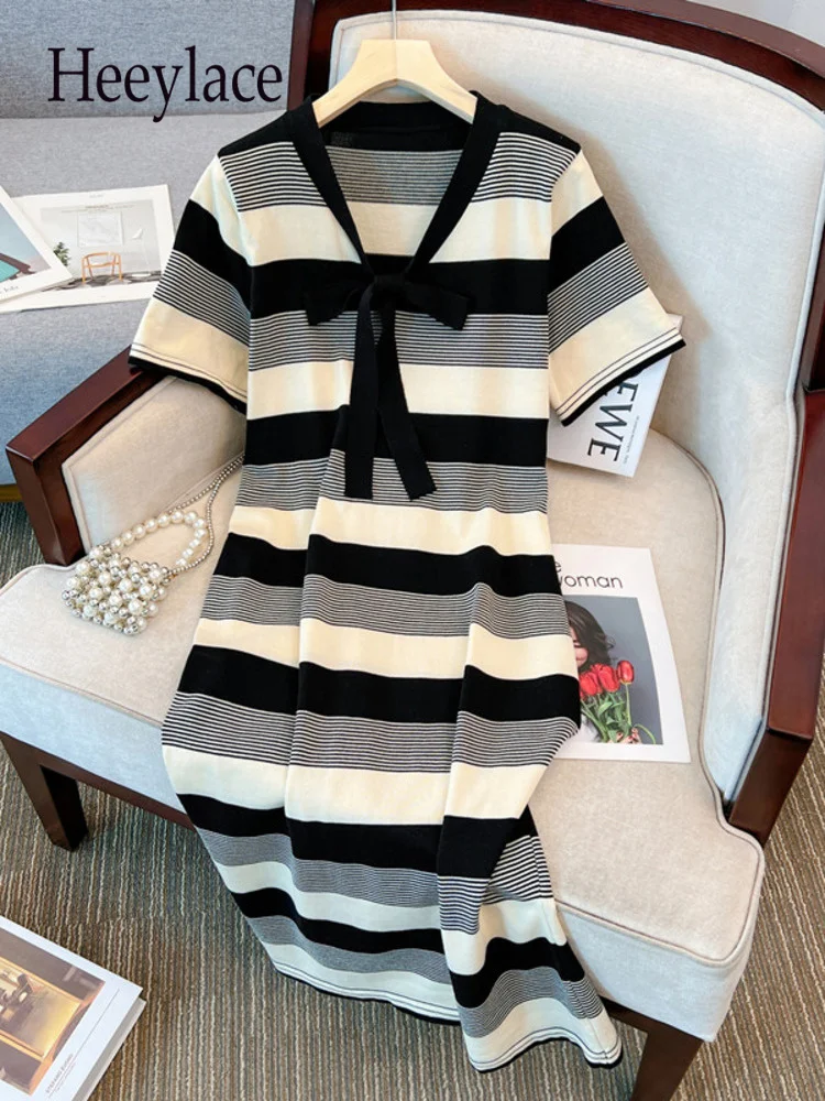 Summer Knitted Striped Dresses For Women Korea Casual Bow Collar High Quality Patchwork Midi Dresses Women 4XL Clothing
Summer Knitted Striped Dresses For Women Korea Casual Bow Collar High Quality Patchwork Midi Dresses Women 4XL Clothing