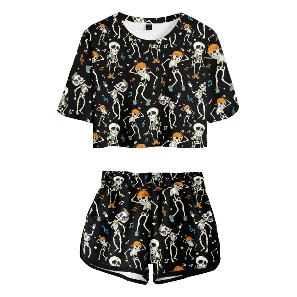 Dancing Skeleton printed short navel short-sleeved T-shirt men and women casual two-piece pajamas-
Dancing Skeleton printed short navel short-sleeved T-shirt men and women casual two-piece pajamas-