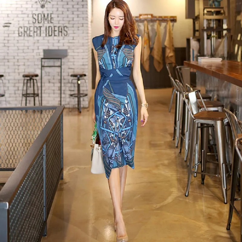 Summer Korean Sleeveless Tie Bow Office OL Dress 2020 Fashion Women O Neck Blue Printing Bodycon Slim Sheath Work Dress
Summer Korean Sleeveless Tie Bow Office OL Dress 2020 Fashion Women O Neck Blue Printing Bodycon Slim Sheath Work Dress