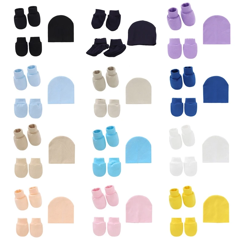 

3 Pcs Baby Anti Scratching Gloves Foot Cover Hat Set Soft Cotton Comfy No Scratch Mittens Ankle Socks Cute Turban Beanie