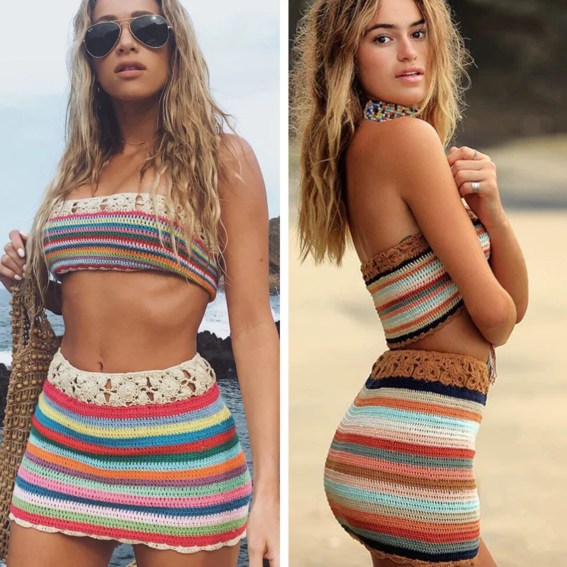 Women Summer Striped Two Piece Sets Crochet Handmade Sexy BOHO Cover Up Bandage Striped Outfits Tube Top and Skirt Beachwear
Women Summer Striped Two Piece Sets Crochet Handmade Sexy BOHO Cover Up Bandage Striped Outfits Tube Top and Skirt Beachwear