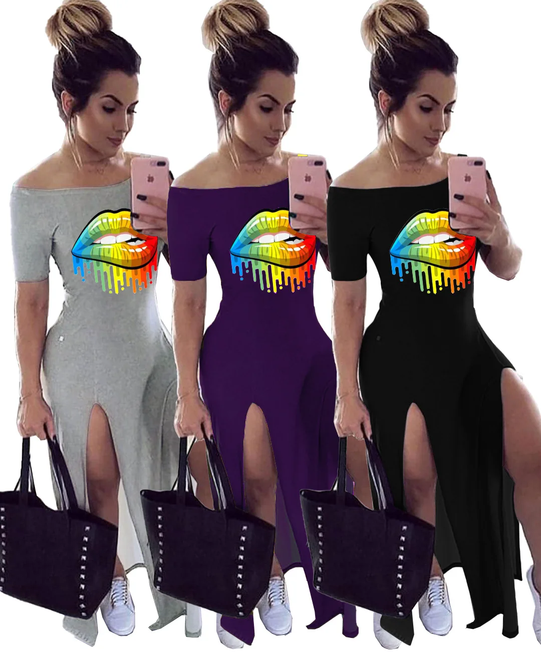 European and American women's fashion solid color word neck lip print slit casual dress woman dress
European and American women's fashion solid color word neck lip print slit casual dress woman dress