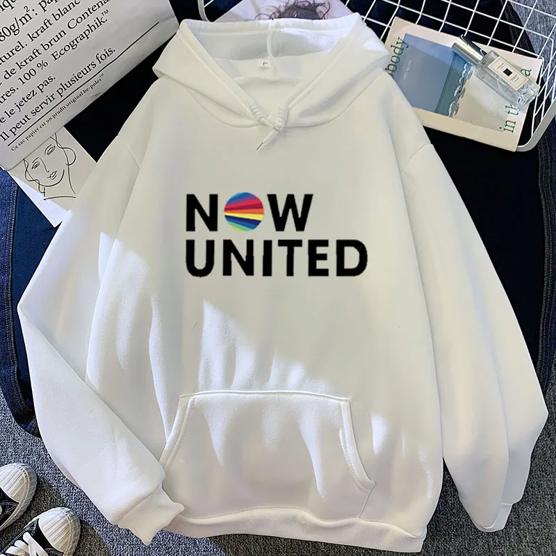 

2021 White Tops NOW UNITED Print Pattern Design Long Sleeve Personality Hood Autumn and Winter New Color Crewneck Sweatshirt