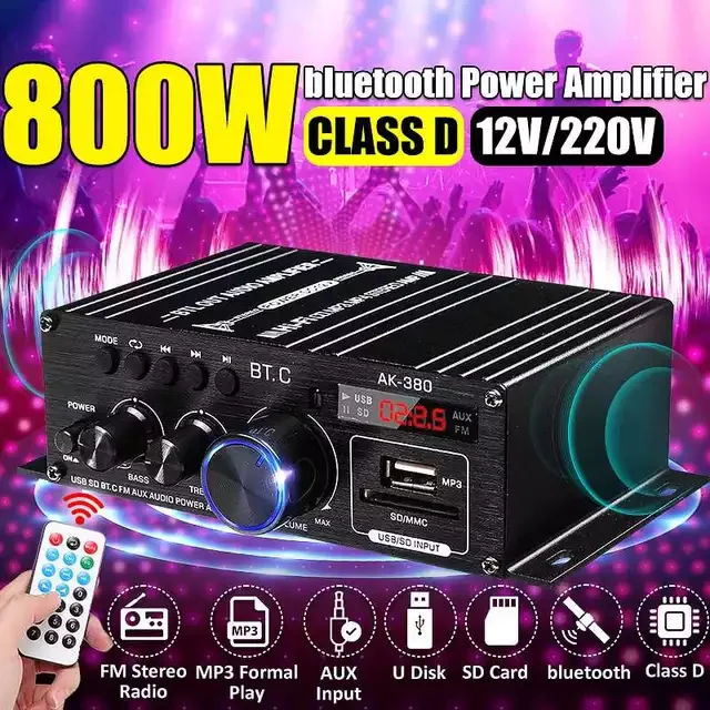 Усилитель мощности AK380/AK170 Bluetooth класса D, усилитель мощности для аудио, караоке, домашнего кинотеатра, 2-канальный USB/SD AUX вход
Усилитель мощности AK380/AK170 Bluetooth класса D, усилитель мощности для аудио, караоке, домашнего кинотеатра, 2-канальный USB/SD AUX вход