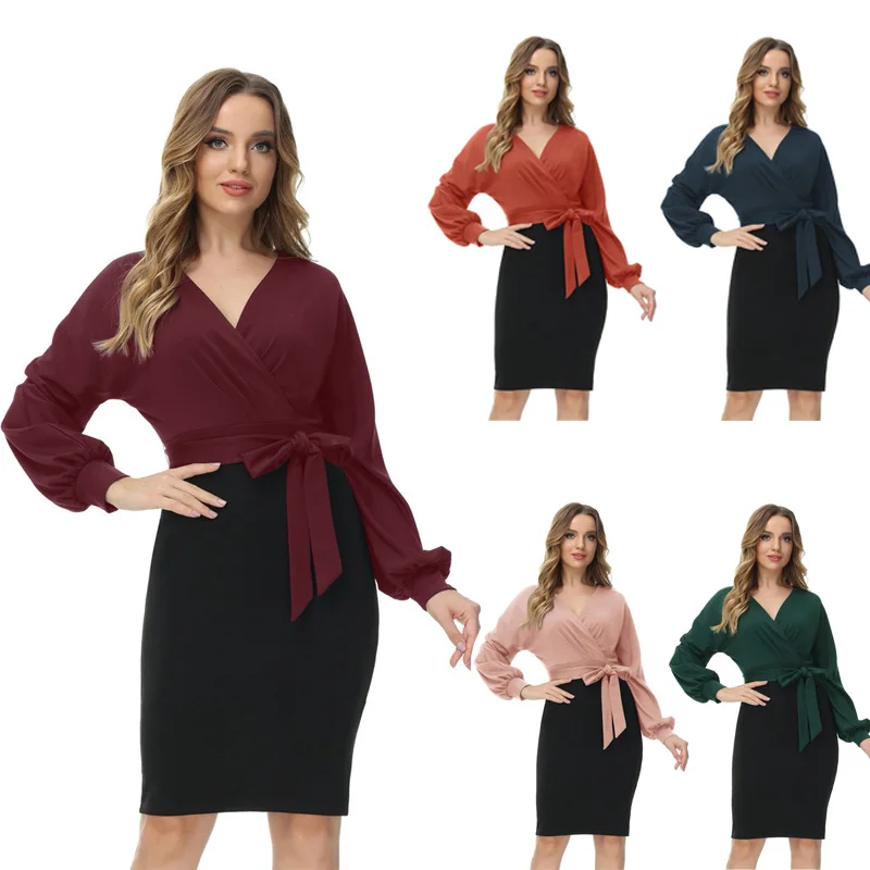 Women Contrast Color Pencil Dress Long Sleeve Surplice V-Neck Medium Stretchy Hips-wrapped Silhouette Evening Party Dress New
Women Contrast Color Pencil Dress Long Sleeve Surplice V-Neck Medium Stretchy Hips-wrapped Silhouette Evening Party Dress New