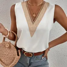 Womens Casual Tees Top 2023 Summer V-Neck Lace Sleeveless Simple Solid Tank Cutout T-shirt S-XXL