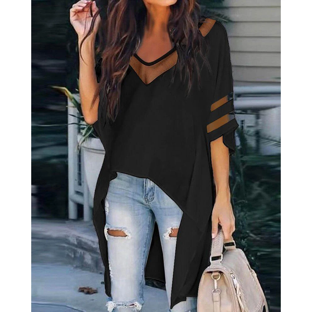 2022 Summer V Neck Contrast Mesh Batwing Sleeve Asymmetrical High Low Hem Top Women Casual Daily Solid Long Tunics Sexy Blouse
2022 Summer V Neck Contrast Mesh Batwing Sleeve Asymmetrical High Low Hem Top Women Casual Daily Solid Long Tunics Sexy Blouse