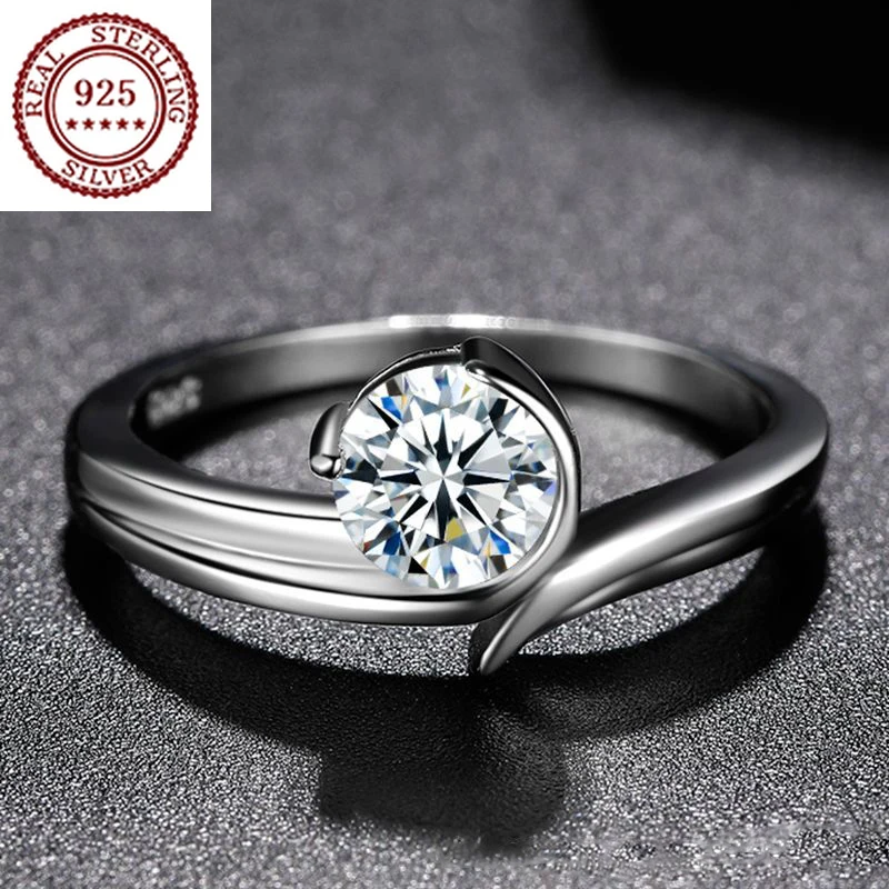 

S925 Silver Platinum-plated Round Diamond Creative Female Simple Unique Engagement Birthday Present Fashion Personality Ring