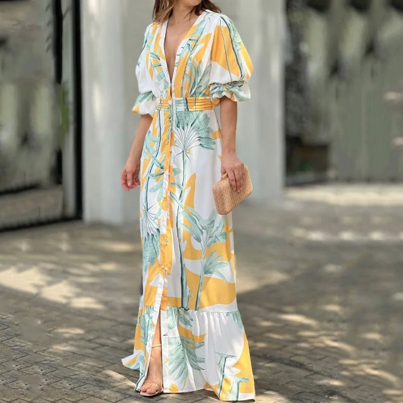 Women V-neck Maxi Dress Summer Print Short Puff Sleeve Nipped Waist Party Dresses Beach Dress Holiday Dress Vestido Playa
Women V-neck Maxi Dress Summer Print Short Puff Sleeve Nipped Waist Party Dresses Beach Dress Holiday Dress Vestido Playa