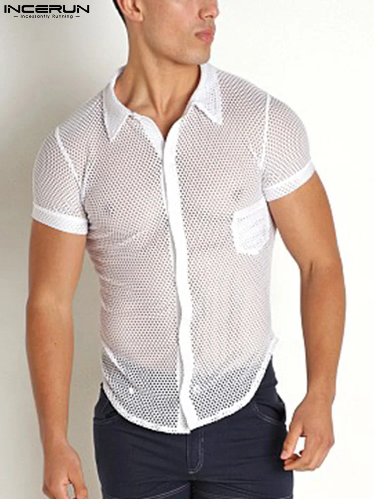 Fashion Men Mesh Shirt Solid Color Transparent Lapel Sexy Short Sleeve Button Camisa Masculina 2022 Casual Shirts S-5XL INCERUN 
Fashion Men Mesh Shirt Solid Color Transparent Lapel Sexy Short Sleeve Button Camisa Masculina 2022 Casual Shirts S-5XL INCERUN