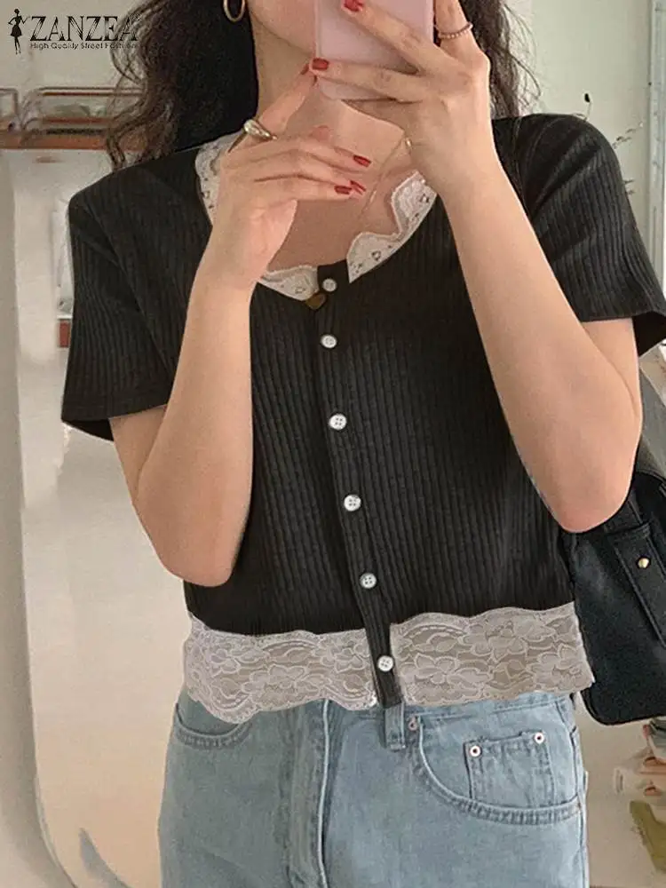 ZANZEA Women Elegant Ribbed Tops 2023 Summer Lace Trim T-shirts Korean Fashion Short Sleeve Shirts Casual Sweet Black Tees
ZANZEA Women Elegant Ribbed Tops 2023 Summer Lace Trim T-shirts Korean Fashion Short Sleeve Shirts Casual Sweet Black Tees