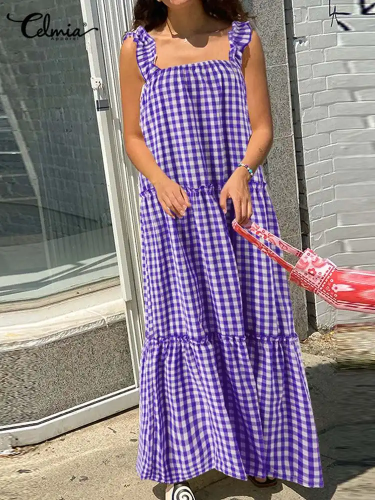 Celmia Women's Sexy Strap Sleeveless Maxi Dresses Fashion Plaid Printed Long Sundress Casual Loose Pleated Stitching Beach Robes
Celmia Women's Sexy Strap Sleeveless Maxi Dresses Fashion Plaid Printed Long Sundress Casual Loose Pleated Stitching Beach Robes