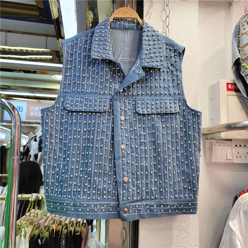 Spring Summer New Women Beaded Diamond Blue Denim Vest Casual Loose Single-breasted Sleeveless Cowboy Waistcoat Female Jacket
Spring Summer New Women Beaded Diamond Blue Denim Vest Casual Loose Single-breasted Sleeveless Cowboy Waistcoat Female Jacket