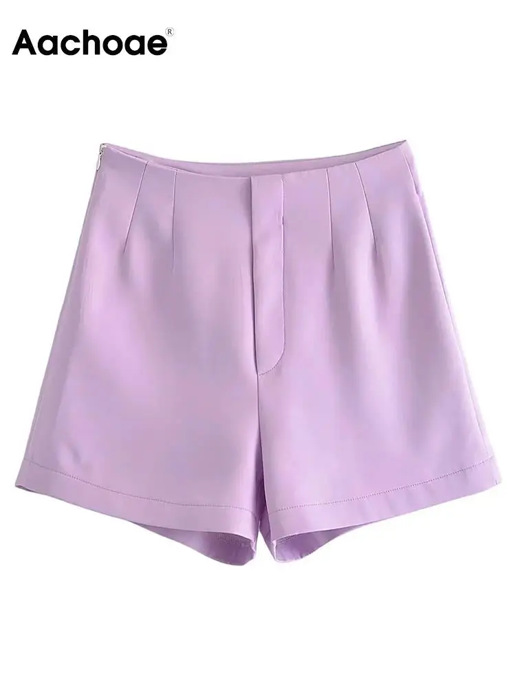 

Aachoae Summer Casual Solid Color Shorts Women Fashion High Waist Zipper Fly Shorts Ladies Purple Color Short Mujer Pantalon