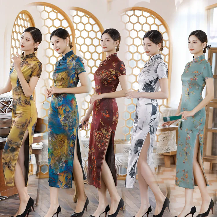 

Lady Sexy High Split Chinese Traditional Qipao Elegant Mandarin Collar Evening Party Dress Print Flower Satin Cheongsam Vestidso