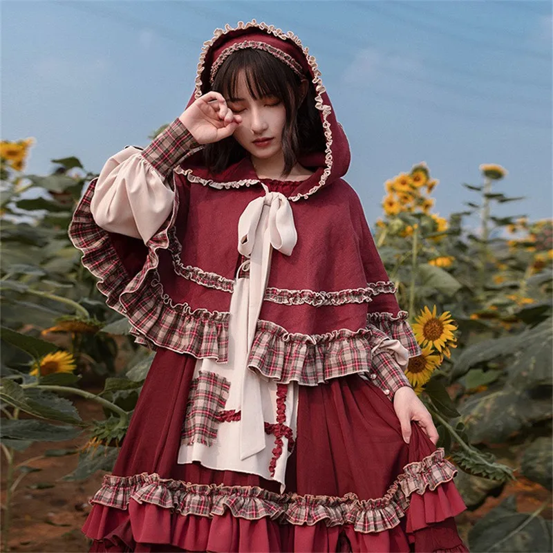 2023 HOT Sweet Girl Lolita Women Dress Vintage Patchwork Red Dress with Cloak Cute Female Bing Cosplay Little Red Riding Hood 
2023 HOT Sweet Girl Lolita Women Dress Vintage Patchwork Red Dress with Cloak Cute Female Bing Cosplay Little Red Riding Hood