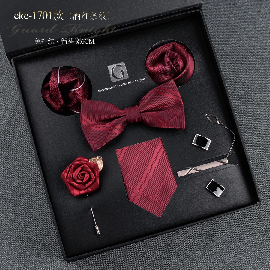 Fashion Brand Men's Tie Set Gift Box Bowtie Pocket Squares Brooch Cufflinks 8Pcs Suit For Men Business Necktie Wedding Party Tie 
Fashion Brand Men's Tie Set Gift Box Bowtie Pocket Squares Brooch Cufflinks 8Pcs Suit For Men Business Necktie Wedding Party Tie