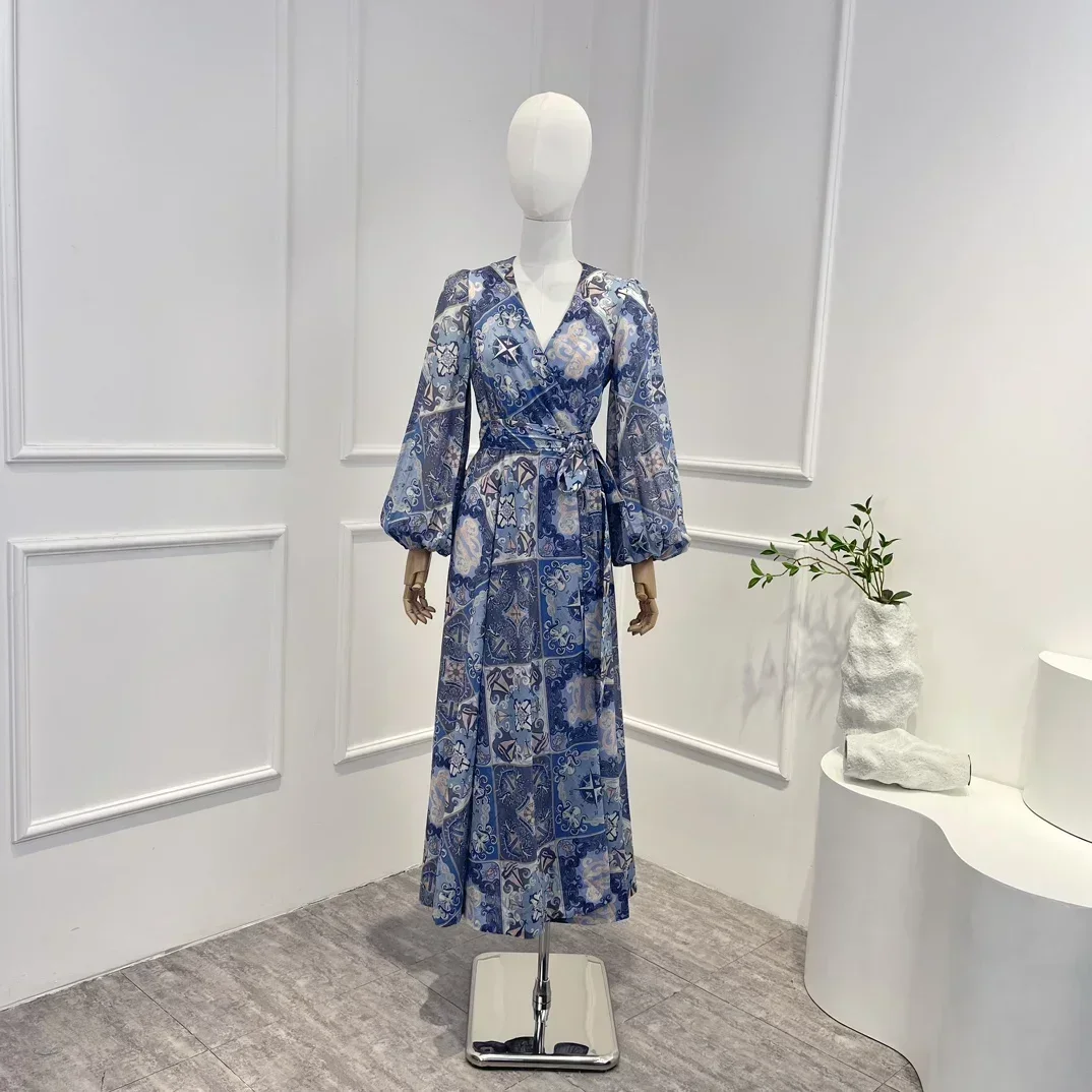 High Quality Poplin Blue Boat Printing V-neck Belted Lantern Sleeves Spli Hem Romantic Wrap Women Midi Dress 2023
High Quality Poplin Blue Boat Printing V-neck Belted Lantern Sleeves Spli Hem Romantic Wrap Women Midi Dress 2023